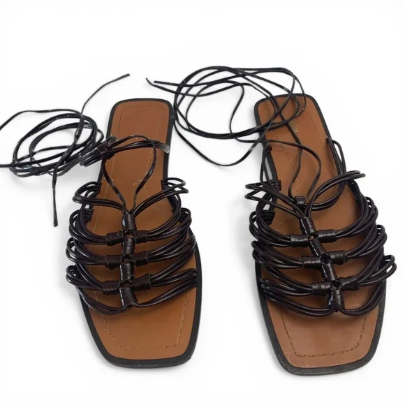 ZARA Flat Lace-up Sandals with multiple straps in Brown Size 40 - Picture 3 of 7